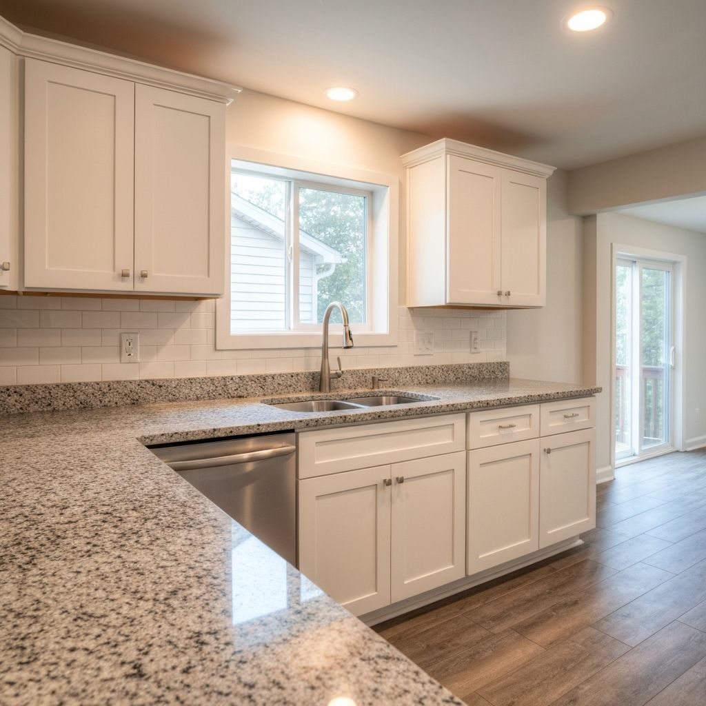 Kitchen with granite countertops and white shaker cabinets