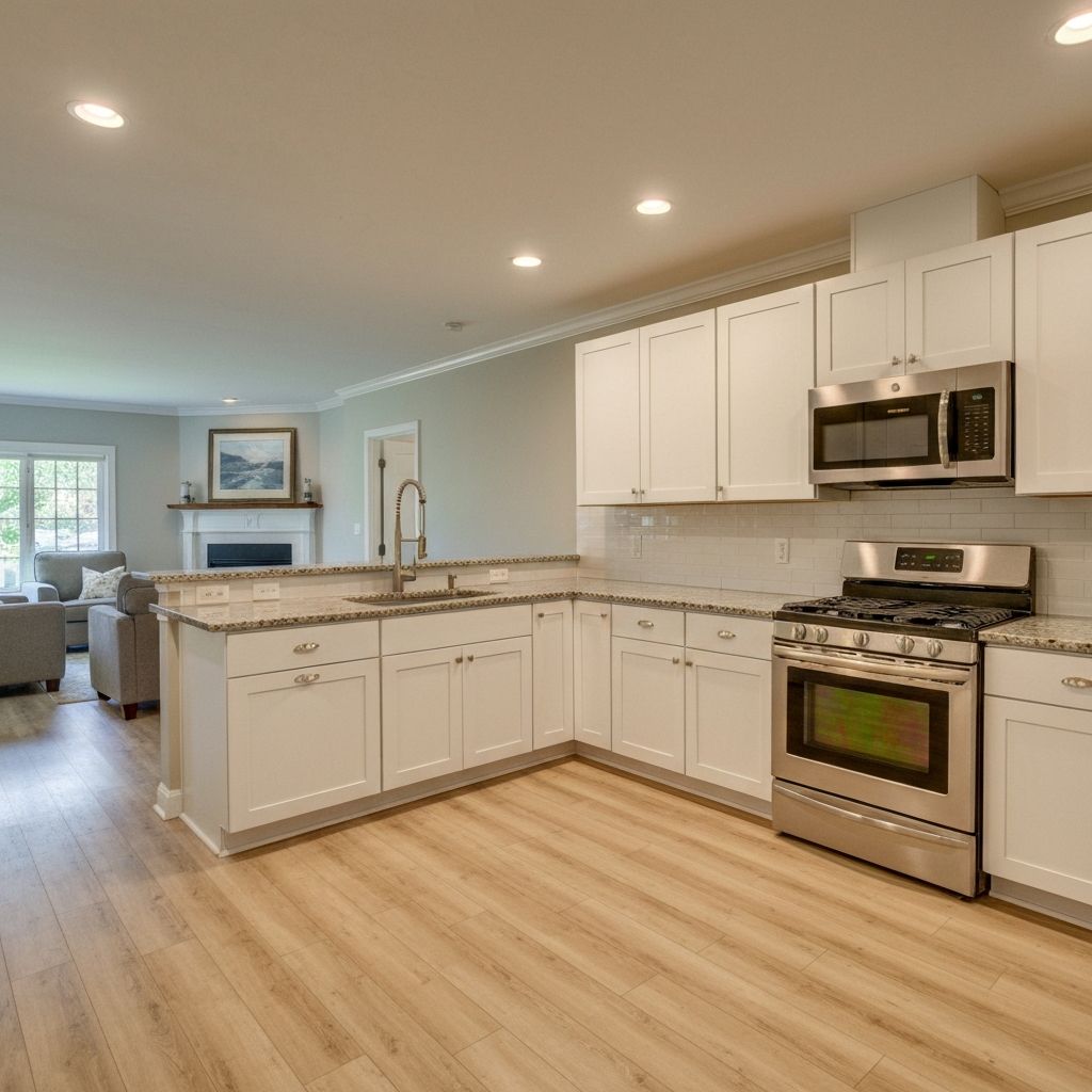 Kitchen with granite countertops open to living room